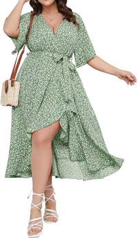 SCOMCHIC Women Plus Size Maxi Dress Short Sleeve Wrap V Neck High Low Split Ruffle Long Dress