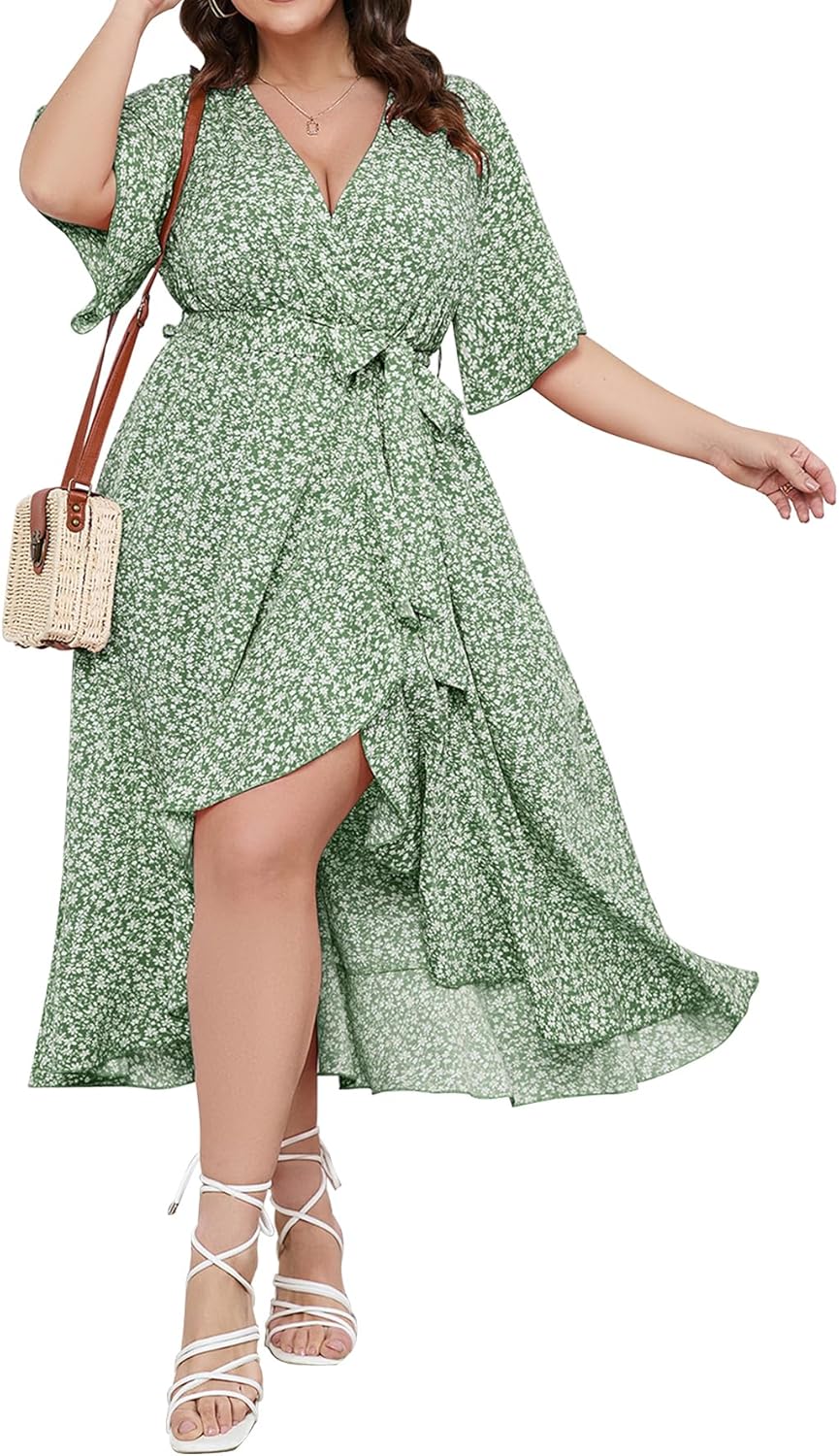 SCOMCHIC Women Plus Size Maxi Dress Short Sleeve Wrap V Neck High Low Split Ruffle Long Dress