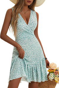 FENSACE Women's Summer Sleeveless Sexy Wrap V Neck Floral Sundress Mini Dress