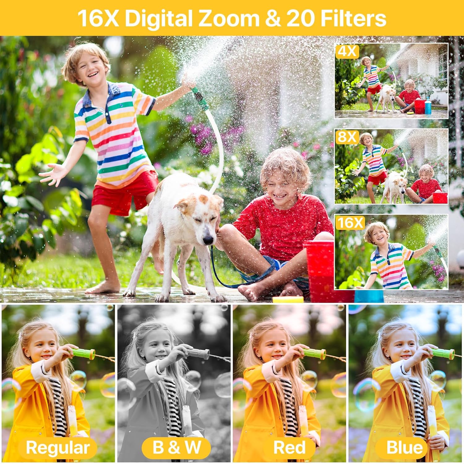 FHD 1080P Digital Camera for Kids with 32GB SD Card - Compact Point and Shoot Camera with 16X Zoom, Anti Shake, Portable, Perfect for Teens, Boys, Girls, Seniors - Best Wishes Card