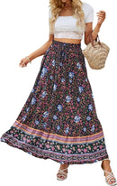 ZESICA Women's 2025 Summer Bohemian Floral Printed Elastic Waist A Line Maxi Skirt with Pockets