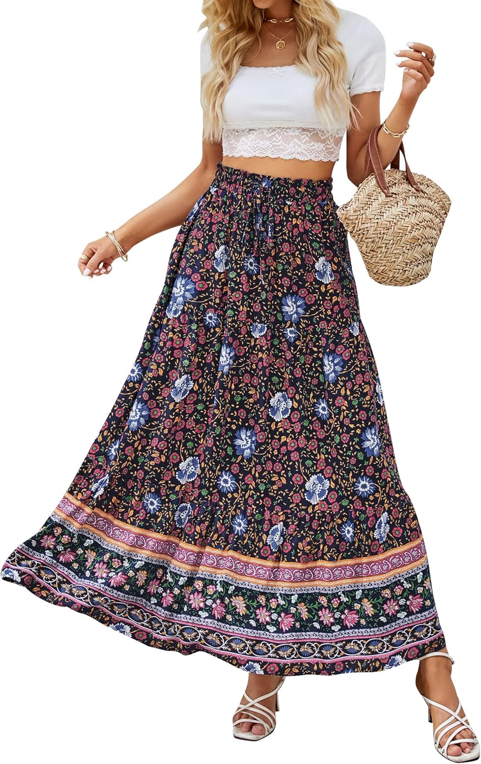 ZESICA Women's 2025 Summer Bohemian Floral Printed Elastic Waist A Line Maxi Skirt with Pockets