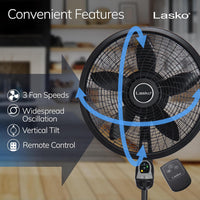 Lasko Oscillating Cyclone Pedestal Fan, Adjustable Height, Timer, Remote Control, 3 Speeds, for Bedroom, Living Room, Home Office, 18", Black, 1843
