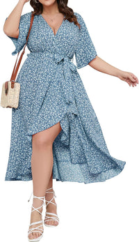 SCOMCHIC Women Plus Size Maxi Dress Short Sleeve Wrap V Neck High Low Split Ruffle Long Dress