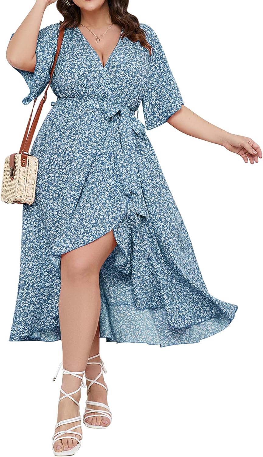 SCOMCHIC Women Plus Size Maxi Dress Short Sleeve Wrap V Neck High Low Split Ruffle Long Dress
