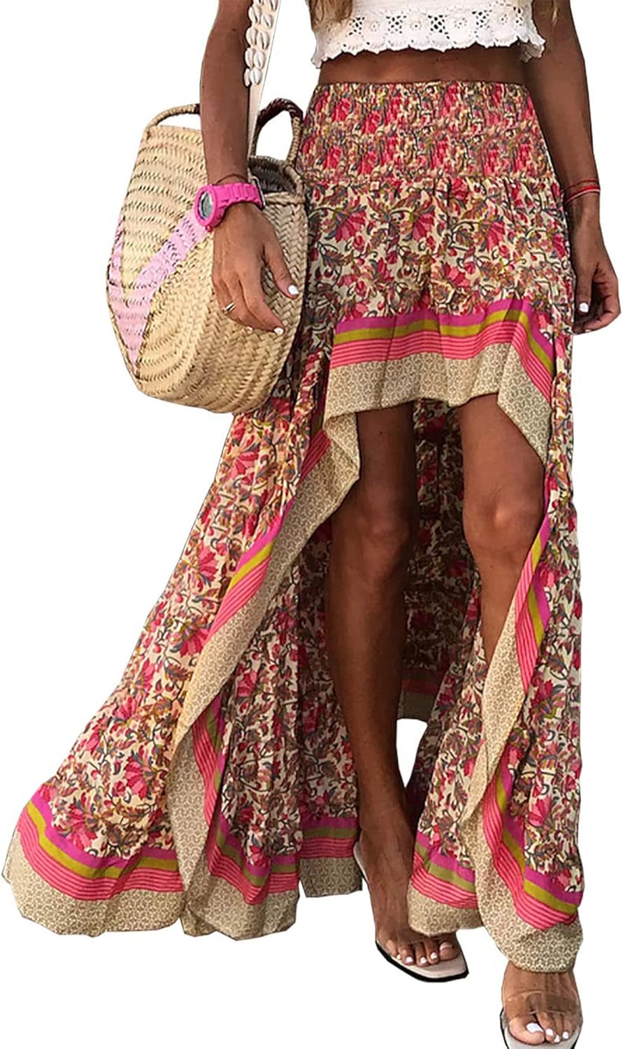 BTFBM Women 2025 Summer Fall Boho Long Skirts Dress Floral Print Elastic Waist Split Ruffle High Low Beach Maxi Skirt