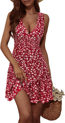FENSACE Women's Summer Sleeveless Sexy Wrap V Neck Floral Sundress Mini Dress