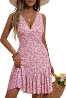 FENSACE Women's Summer Sleeveless Sexy Wrap V Neck Floral Sundress Mini Dress