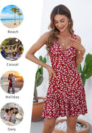 FENSACE Women's Summer Sleeveless Sexy Wrap V Neck Floral Sundress Mini Dress
