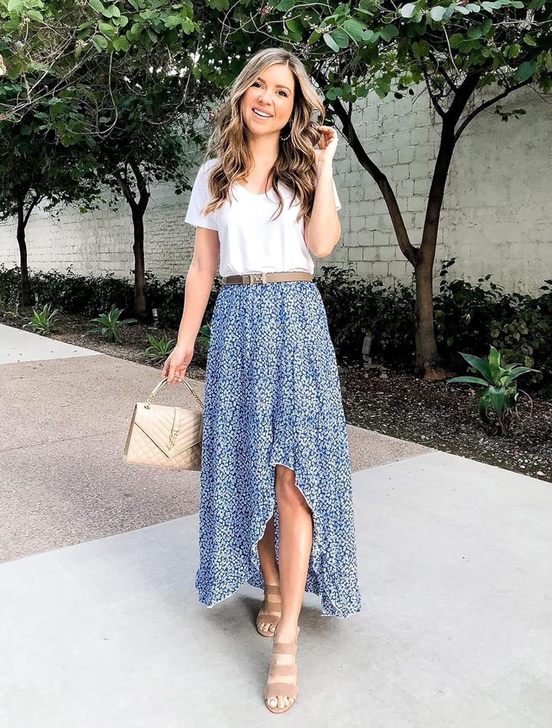 BTFBM Women 2025 Summer Fall Boho Long Skirts Dress Floral Print Elastic Waist Split Ruffle High Low Beach Maxi Skirt