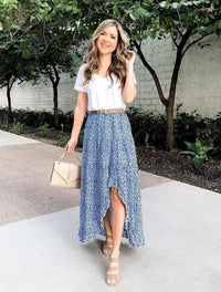 BTFBM Women 2025 Summer Fall Boho Long Skirts Dress Floral Print Elastic Waist Split Ruffle High Low Beach Maxi Skirt