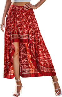 BTFBM Women 2025 Summer Fall Boho Long Skirts Dress Floral Print Elastic Waist Split Ruffle High Low Beach Maxi Skirt