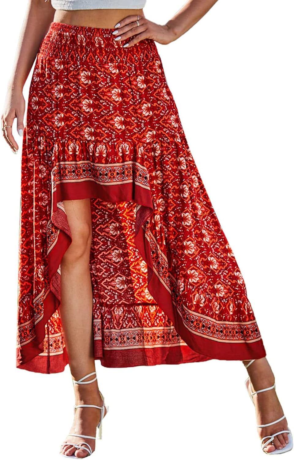 BTFBM Women 2025 Summer Fall Boho Long Skirts Dress Floral Print Elastic Waist Split Ruffle High Low Beach Maxi Skirt