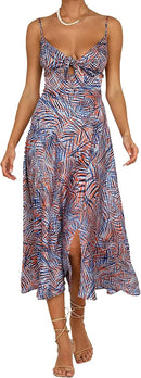 Fashionme Women Spaghetti Strap Midi Satin Dresses Tie Front Backless Split Hollow Dress