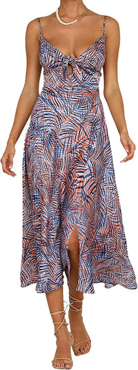 Fashionme Women Spaghetti Strap Midi Satin Dresses Tie Front Backless Split Hollow Dress