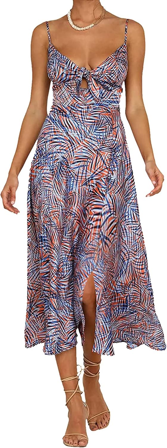 Fashionme Women Spaghetti Strap Midi Satin Dresses Tie Front Backless Split Hollow Dress