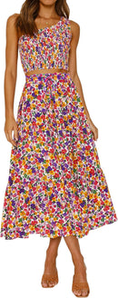 ZESICA Women's 2025 Summer Bohemian Floral Printed Elastic Waist A Line Maxi Skirt with Pockets