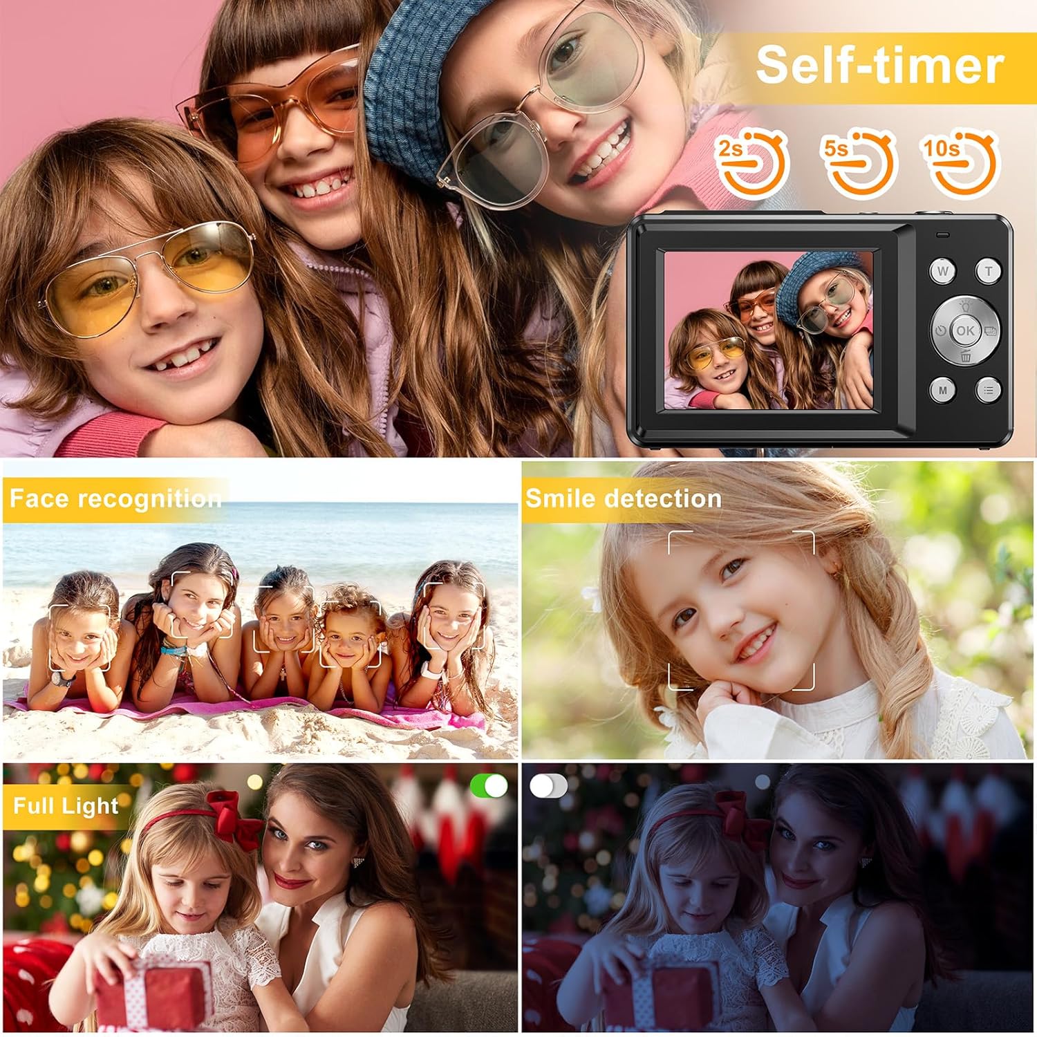 FHD 1080P Digital Camera for Kids with 32GB SD Card - Compact Point and Shoot Camera with 16X Zoom, Anti Shake, Portable, Perfect for Teens, Boys, Girls, Seniors - Best Wishes Card
