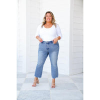 Judy Blue The Montauk Crop Mid-Rise Medium Wash Distressed Hem Kick Flare Jeans