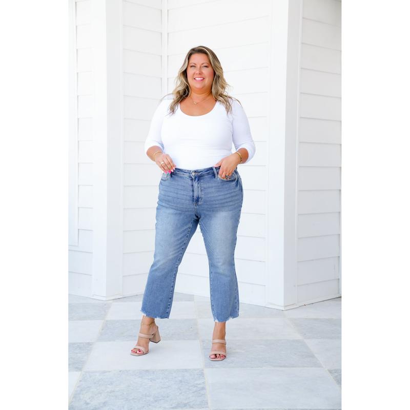 Judy Blue The Montauk Crop Mid-Rise Medium Wash Distressed Hem Kick Flare Jeans