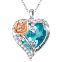 Birthstone Necklace for Women 925 Sterling Silver Rose Flower Heart Crystal Pendant Necklaces I Love You Jewelry Birthday Christmas Gifts for Women Her Girlfriend
