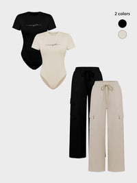 Women's Shortsleeve Bodysuit & Drawstring Waist Pants Set, Fitted Casual Style Round Neck Snap Bodysuit & Pocket Trousers, Minimalist Clothes for All Seasons, Y2k Statement Outfits Set, Womenswear, Basic Casual Matching Yoga Clothes Set