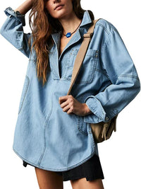 Tankaneo Women's Denim Pullover Casual Notch V Neck Blouse Loose Fit Long Sleeve Jean Jacket with Pocket