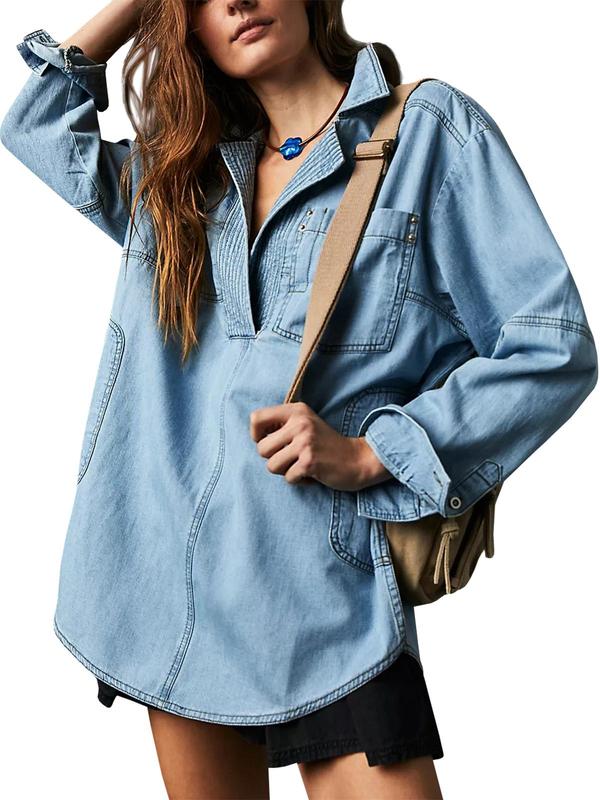 Tankaneo Women's Denim Pullover Casual Notch V Neck Blouse Loose Fit Long Sleeve Jean Jacket with Pocket