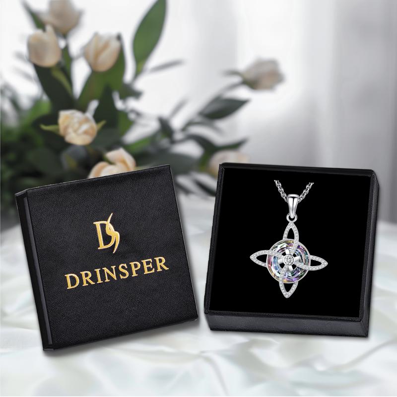 DRINSPER S925 Witch's Knot Crystal Necklace Celtic Knot Crystal Healing Necklace 925 Sterling Silver Pendant, Pagan Wicca Moon Jewelry for Women, Trinity Knot Design, Nudo de Plata Collar, Protection and Mysticism Amulet Jewelry Accessories Gift for Girls
