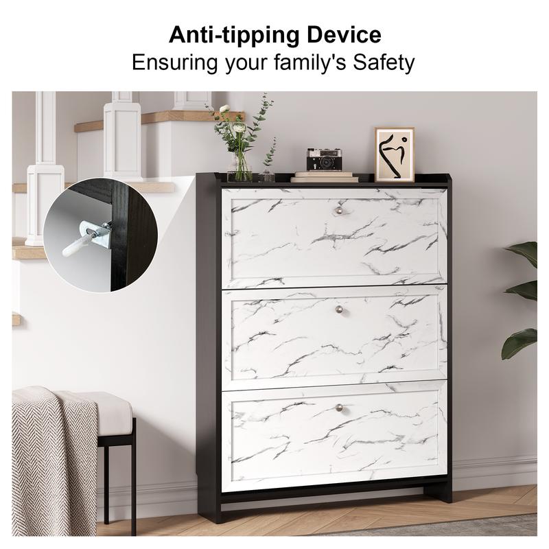 SULIVES Marble Shoe Cabinet: Elegant veneer finish, exquisite metal handles, and breathable semi-open design ensure enhanced air circulation for dryness, hygiene, and a modern aesthetic.