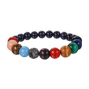 A planetary bracelet with 8mm beads on white background, showcasing its symmetrical layout and vibrant hues.