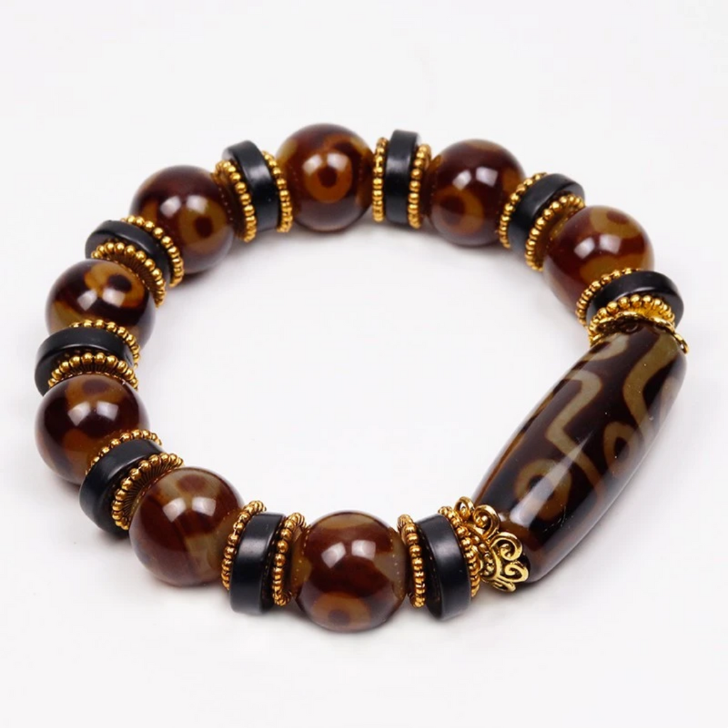 Tibetan 9-Eye Dzi Bead Bracelet – Genuine Agate & Carnelian with Gold Accents