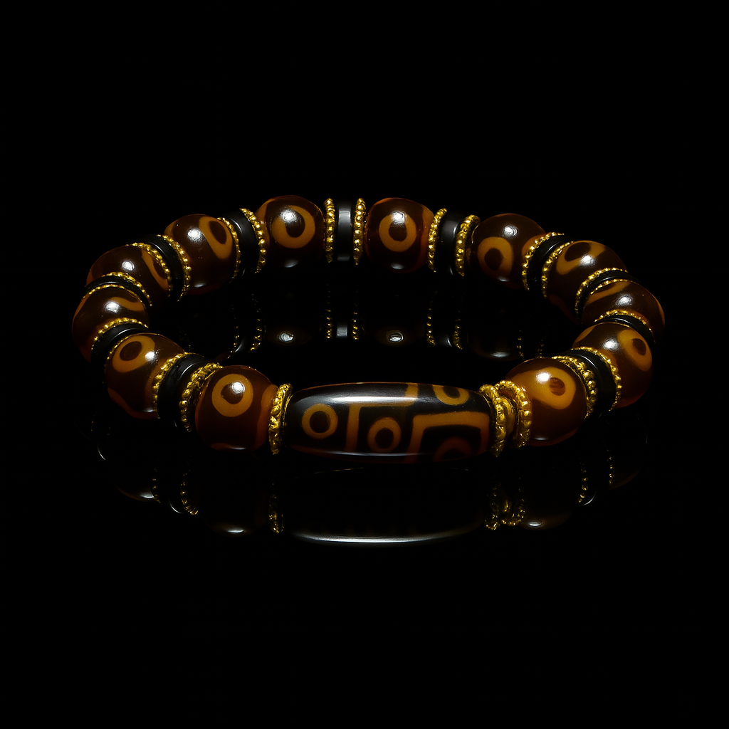 Tibetan 9-Eye Dzi Bead Bracelet – Genuine Agate & Carnelian with Gold Accents