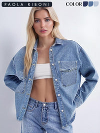 Women's Plain Button Front Drop Shoulder Curved Hem Denim Jacket, Casual Long Sleeve Pocket Design Collar Outerwear for Daily Wear, Ladies Clothes for All Seasons