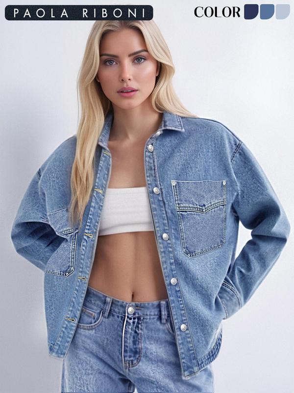 Women's Plain Button Front Drop Shoulder Curved Hem Denim Jacket, Casual Long Sleeve Pocket Design Collar Outerwear for Daily Wear, Ladies Clothes for All Seasons