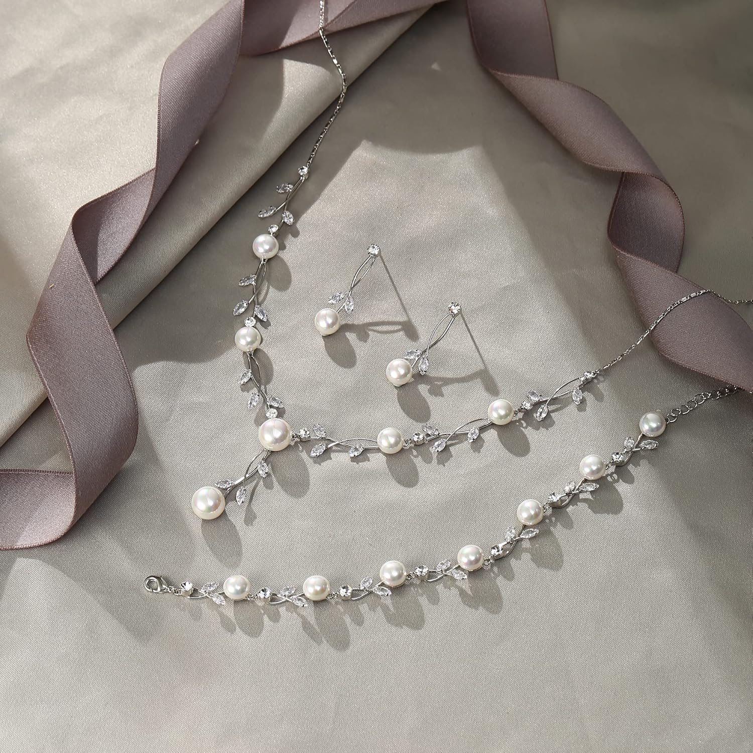 EVER FAITH Wedding Pearl Jewelry for Bride CZ Crystal Simulated Pearls Floral Vine Filigree Bridal Necklace Earrings Set