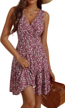 FENSACE Women's Summer Sleeveless Sexy Wrap V Neck Floral Sundress Mini Dress