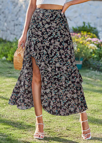 BTFBM Women 2025 Summer Fall Boho Long Skirts Dress Floral Print Elastic Waist Split Ruffle High Low Beach Maxi Skirt
