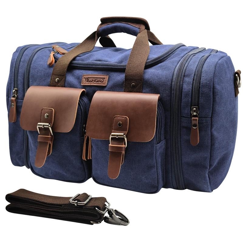 Wildroad Duffle Bag for Men Waterproof Waxed Canvas Genuine Leather Weekender Overnight Vintage Durable Travel Crossbodybag Handbag Tote Shoulder Bag Carry On Travel Essentials Accessories Luggage Large Capacity Personal Hiking Gear Everyday Suitcases