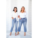 Judy Blue The Montauk Crop Mid-Rise Medium Wash Distressed Hem Kick Flare Jeans