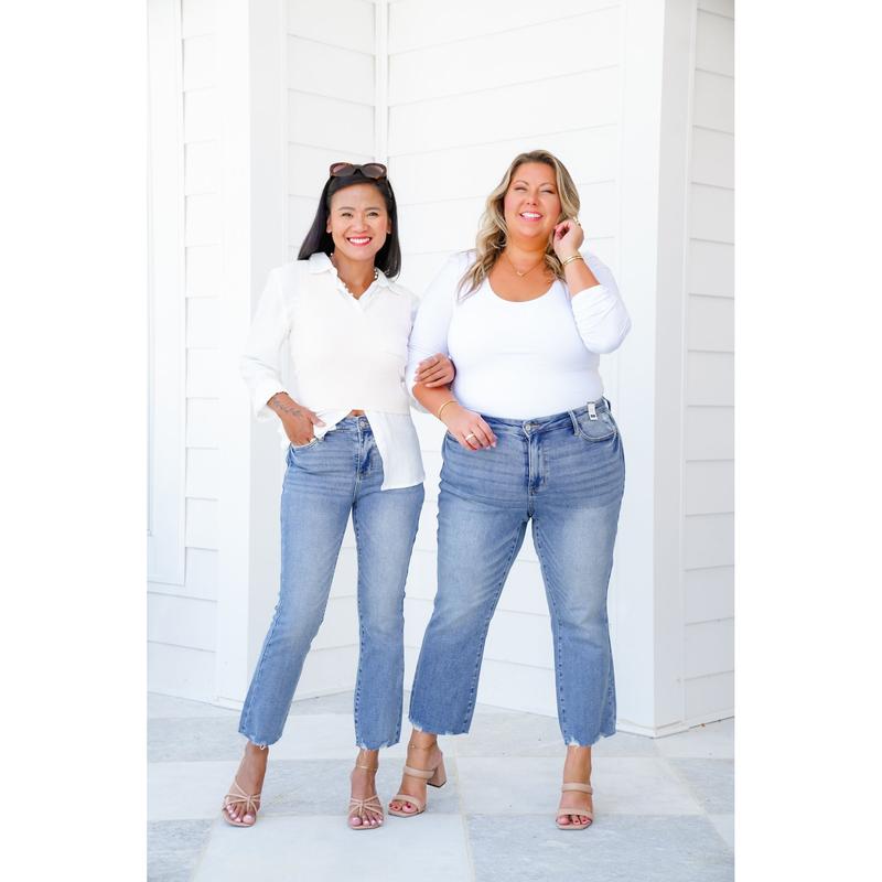 Judy Blue The Montauk Crop Mid-Rise Medium Wash Distressed Hem Kick Flare Jeans