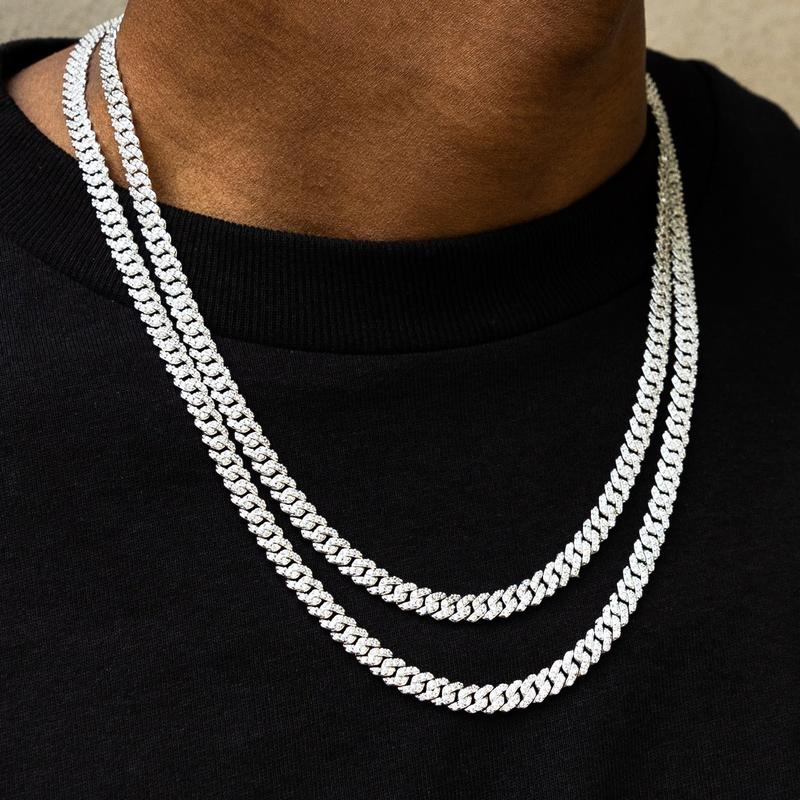 Micro Diamond Prong Cuban Necklace - 14k White Gold - 6mm Chain with White Gold Plating and CZ Diamonds 16-24" Lengths