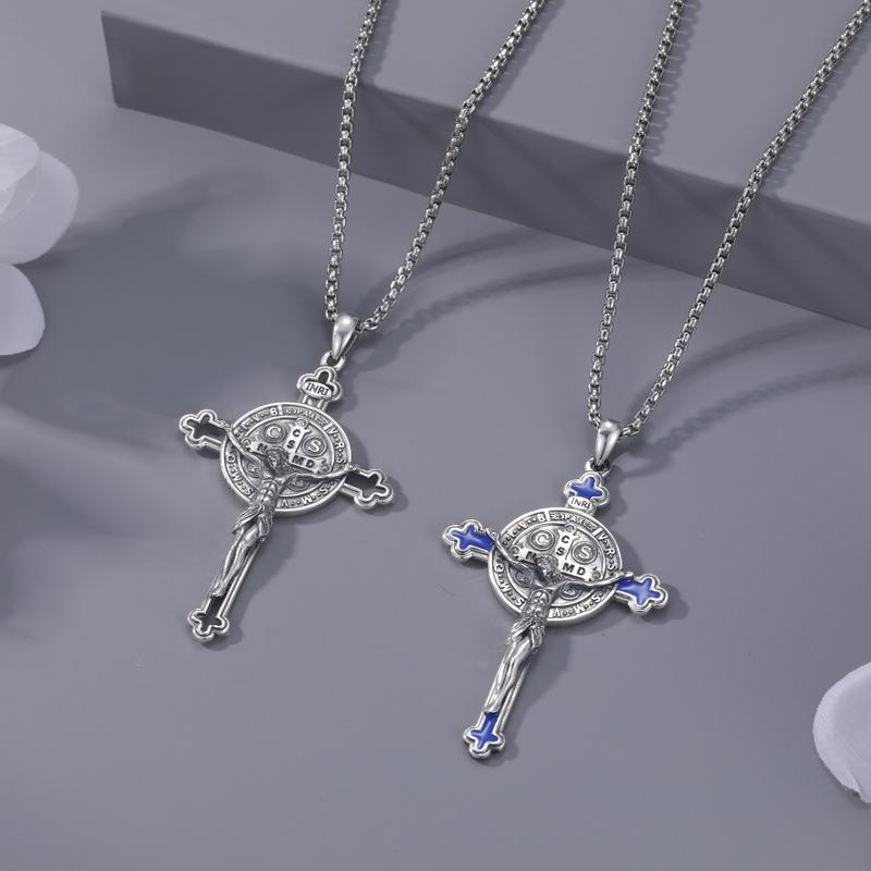 DRINSPER Saint Benedict Cross Necklace 925 Sterling Silver San Benito Pendant Necklace, Pardon Crucifix Necklace, Religious Jewelry for Men Women