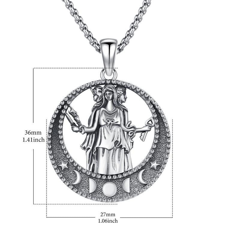 Audinceed Hecate's Key S925 Sterling Silver Moonstone Necklace, Witchtok Collection, Hekate Triple Moon Goddess Pagan Wiccan Magic Silver Necklace Pendant Protection Blessed Amulet Jewelry Gift for Women Men
