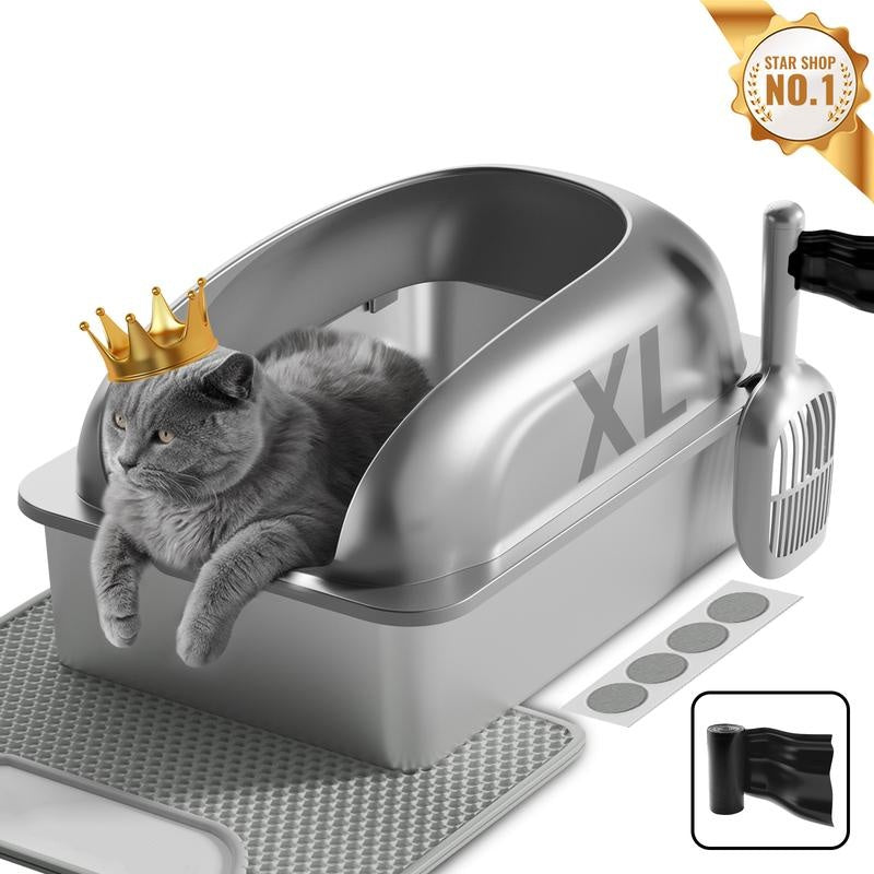XXL Cat Litter Box Stainless Steel 20L with Lid, XL Large Metal Litter Box High Sided Design,Anti-Urine Leakage, Include Cat Mat & Litter Scoop, Never Absorbs Odors, Easy Cleaning, Non-Sticky,#Catsoft #catlovers