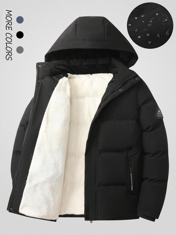 Men's Solid Color Patched Zip Up Longsleeves Hooded Winter Coat Jackets, Regular Fit Casual Long Sleeve Waterproof Warm Winter Jacket for Winter, Men's Clothes for Daily Wear