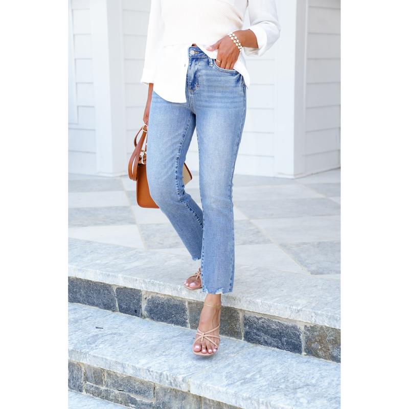 Judy Blue The Montauk Crop Mid-Rise Medium Wash Distressed Hem Kick Flare Jeans