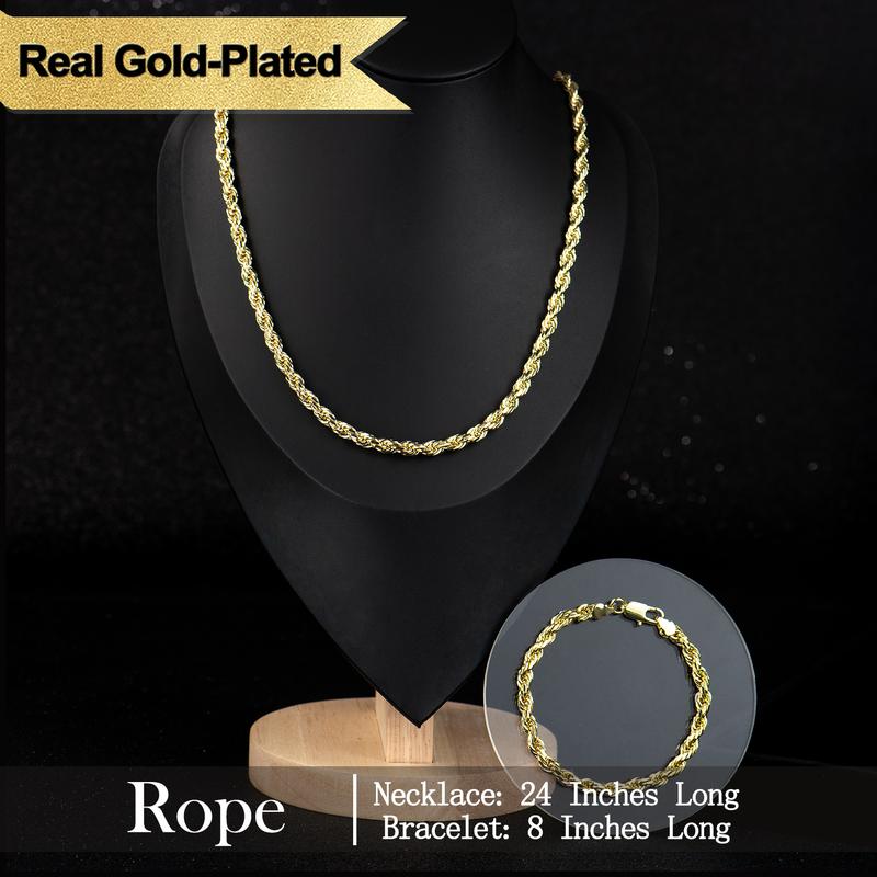 Holylegend 14K Gold-Plated Rope, Cuban, Figaro Set, 24" Length, Necklaces & Bracelet