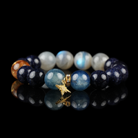 Handmade Celestial Crystal Bracelet with Aquamarine, Blue Goldstone, Moonstone, and Citrine – Star Charm Healing Jewelry for Intuition, Energy, and Protection.