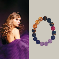 A side-by-side composition: on the left, a glamorous woman with wavy blonde hair looks over her shoulder, wrapped in soft layers of purple tulle. On the right, a gemstone bracelet composed of amethyst, tiger eye, and garnet beads is displayed in a circular layout against a white background. The deep purples and warm golden tones of the bracelet subtly echo the elegance and color palette of the woman's ensemble.